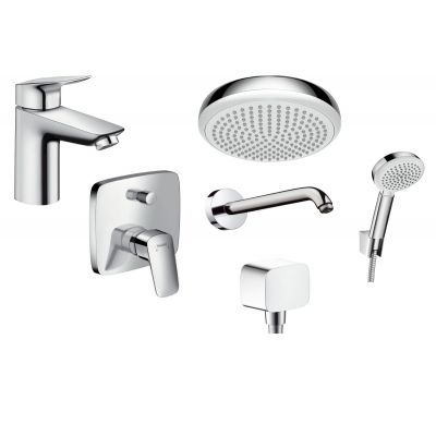 Zestaw Hansgrohe 27412000 + Hansgrohe Logis 71405000 + Hansgrohe Logis 71100000 + Hansgrohe Fixfit 26457000 + Hansgrohe Crometta 26577400 + Hansgrohe Crometta 26666400
