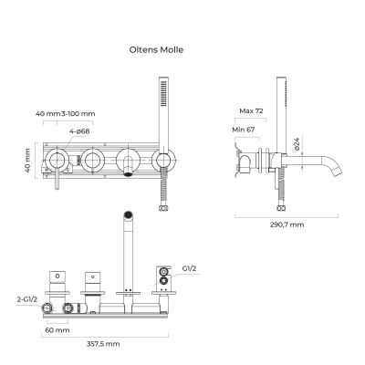 Bateria wannowo-prysznicowa podtynkowa złoty połysk 34105800 Oltens Molle