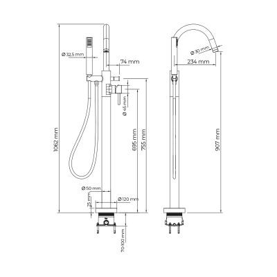 Bateria wannowo-prysznicowa wolnostojąca grafit 34300400 Oltens Molle