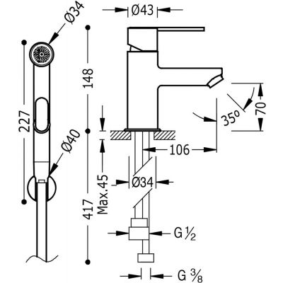 Bateria umywalkowa ze słuchawką typu bidetta stojąca chrom 181113 Tres Lex-Tres