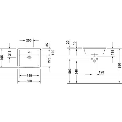 Umywalka 56x46.5 cm prostokątna wpuszczana biała 0302560000 Duravit Starck 3