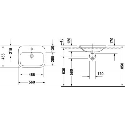 Umywalka 56x45.5 cm prostokątna wpuszczana biała 03745600001 Duravit DuraStyle