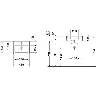 Umywalka 45x35 cm prostokątna ścienna-meblowa biała 0704450000 Duravit Vero