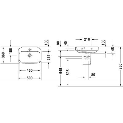 Umywalka 50x36 cm prostokątna ścienna biała 0709500000 Duravit Happy D.2
