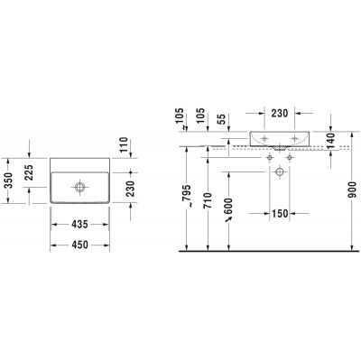 Umywalka 45x35 cm prostokątna ścienna-meblowa biała 07324500791 Duravit DuraSquare