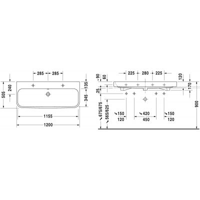Umywalka 120x50.5 cm prostokątna ścienna-meblowa biała 23181200261 Duravit Happy D.2