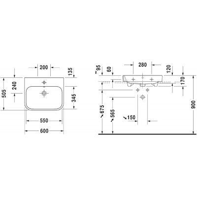 Umywalka 60x50.5 cm prostokątna ścienna-meblowa biała 2318600027 Duravit Happy D.2