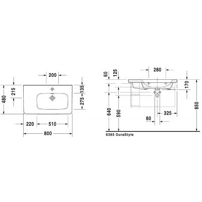 Umywalka 80x48 cm prostokątna ścienna-meblowa biała 23268000001 Duravit DuraStyle