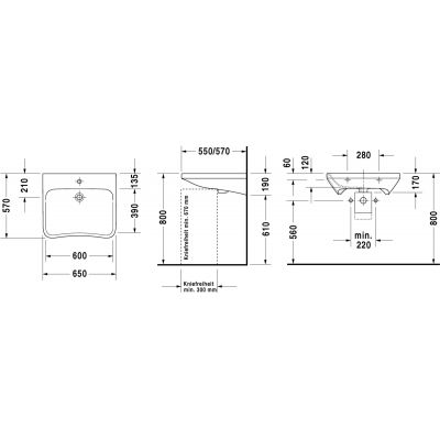 Umywalka 65x57 cm prostokątna ścienna dla niepełnosprawnych biała 2330650000 Duravit DuraStyle