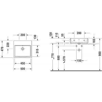 Umywalka 50x47 cm prostokątna ścienna-meblowa biała 2350500028 Duravit Vero Air