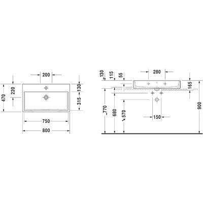 Umywalka 80x47 cm prostokątna ścienna-meblowa biała 2350800071 Duravit Vero Air