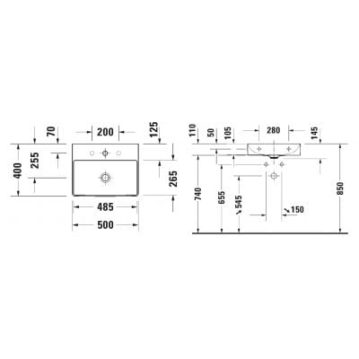 Umywalka 50x40 cm prostokątna ścienna biała 2356500070 Duravit DuraSquare