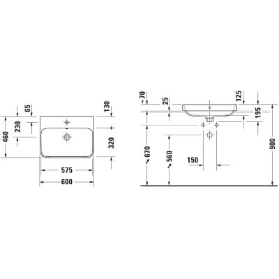 Umywalka 60x46 cm prostokątna nablatowa biała 23606000001 Duravit Happy D.2 Plus