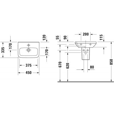 Umywalka 45x33.5 cm prostokątna ścienna biała 0708450000 Duravit DuraStyle