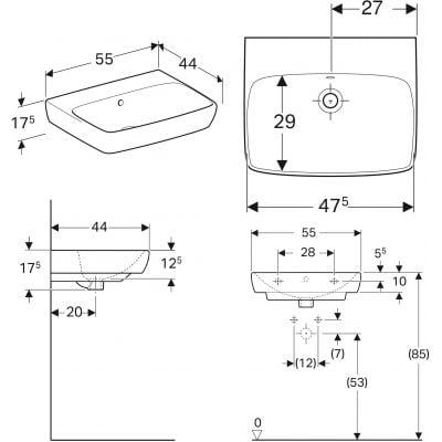 Umywalka 55x44 cm prostokątna ścienna biała 500291017 Geberit Selnova Square