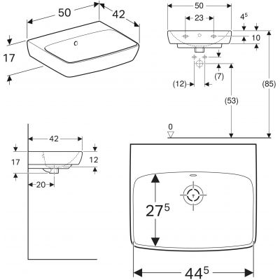 Umywalka 50x42 cm prostokątna ścienna-meblowa-wpuszczana biała 500301017 Geberit Selnova Square