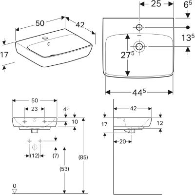 Umywalka 50x42 cm prostokątna ścienna biała 500310017 Geberit Selnova Square