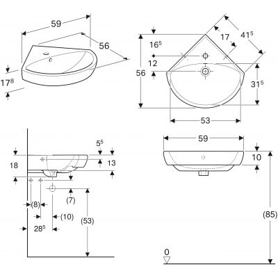 Umywalka 59x56 cm narożna ścienna biała 501050005 Geberit Selnova