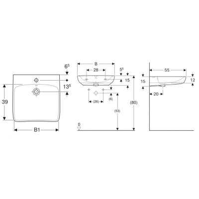 Umywalka 55x55 cm kwadratowa ścienna dla niepełnosprawnych biała 500187017 Geberit Selnova Comfort