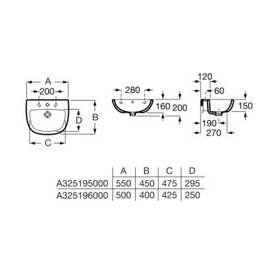Umywalka 50x40 cm półokrągła ścienna biała A325196000 Roca Adele