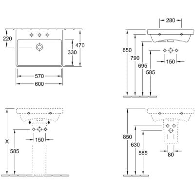 Umywalka 60x47 cm prostokątna ścienna-meblowa biała 41586001 Villeroy & Boch Avento