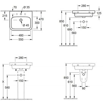 Umywalka 55x47 cm prostokątna ścienna biała 41885601 Villeroy & Boch Architectura
