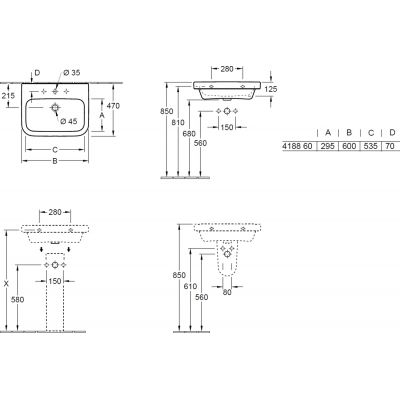 Umywalka 60x47 cm prostokątna ścienna biała 418860R1 Villeroy & Boch Architectura