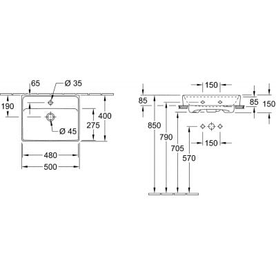 Umywalka 50x40 cm prostokątna ścienna-meblowa biała 43345G01 Villeroy & Boch Collaro