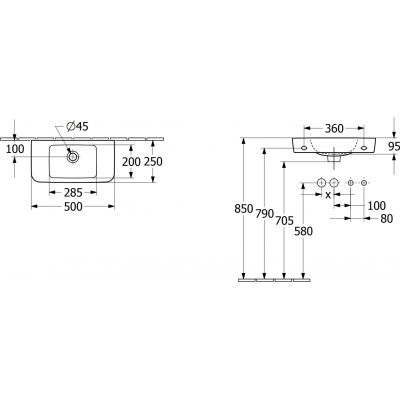 Umywalka 50x25 cm prostokątna ścienna biała 43425301 Villeroy & Boch O.Novo