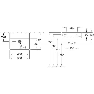 Umywalka 50x42 cm prostokątna ścienna czarna 4A2253R7 Villeroy & Boch Memento 2.0