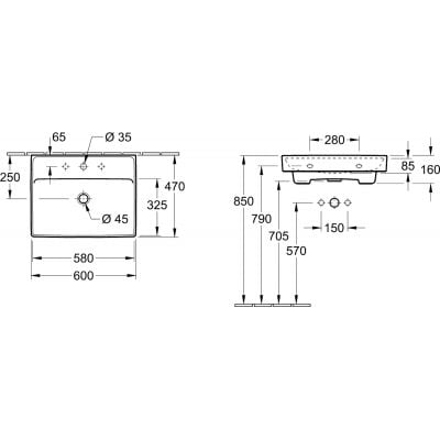 Umywalka 60x47 cm prostokątna ścienna-meblowa biała 4A336301 Villeroy & Boch Collaro