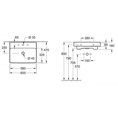 Umywalka 60x47 cm prostokątna ścienna-meblowa biała 4A3363R1 Villeroy & Boch Collaro