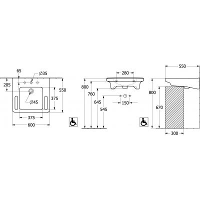 Umywalka 60x55 cm prostokątna ścienna dla niepełnosprawnych biała 4A686001 Villeroy & Boch ViCare