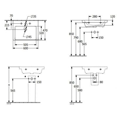 Umywalka 60x47 cm prostokątna ścienna-meblowa biała 4A706GR1 Villeroy & Boch Subway 3.0