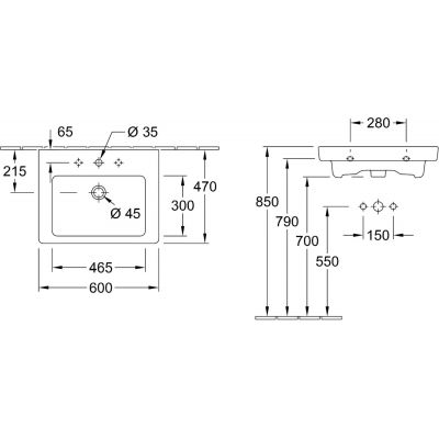 Umywalka 60x47 cm prostokątna ścienna-meblowa biała 71136GR1 Villeroy & Boch Subway 2.0