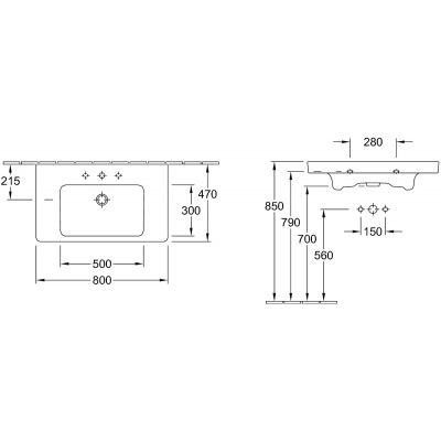 Umywalka 80x47 cm prostokątna ścienna-meblowa-z blatem biała 71758GR1 Villeroy & Boch Subway 2.0