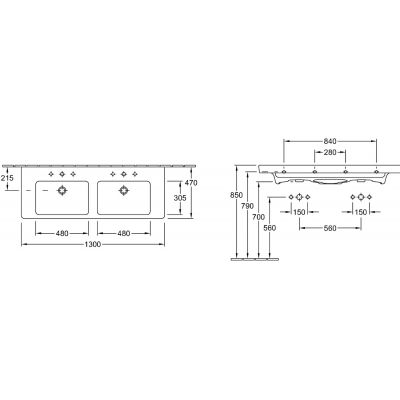 Umywalka 130x47 cm prostokątna ścienna-meblowa-z blatem-podwójna biała 7175D001 Villeroy & Boch Subway 2.0
