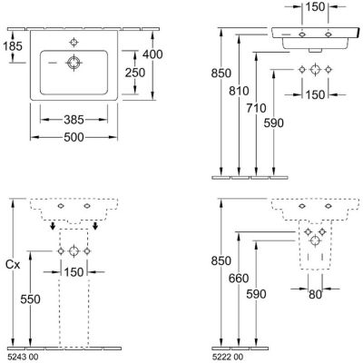 Umywalka 50x40 cm prostokątna ścienna biała 73155001 Villeroy & Boch Subway 2.0