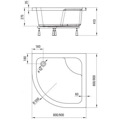 Brodzik półokrągły 90x90 cm biały KTD041B Deante Deep