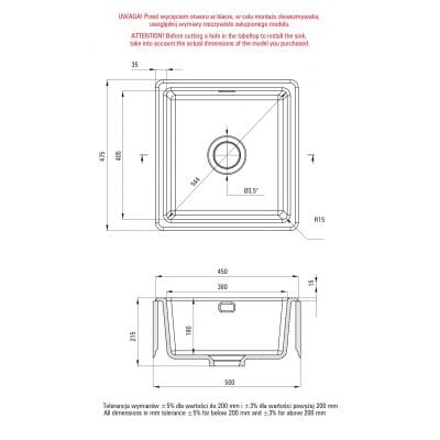 Zlewozmywak ceramiczny 47.8x45 cm biały ZCB6103 Deante Sabor
