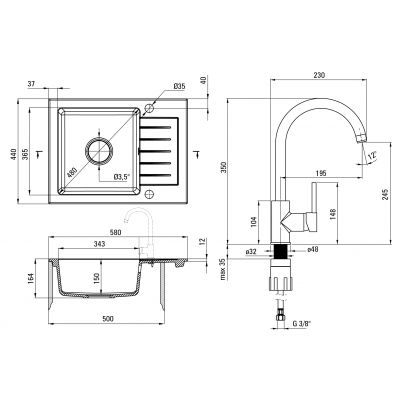 Zlewozmywak z baterią czarny/czarny ZQZAN11A Deante Zorba