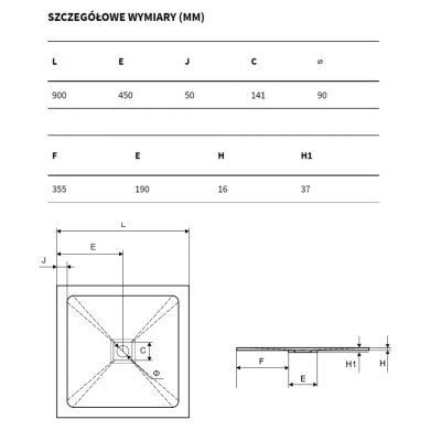 Brodzik kwadratowy 90 BREX1502090090WHN Excellent Arda