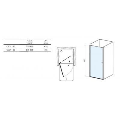 Drzwi prysznicowe 90 cm uchylne aluminium połysk/szkło przezroczyste 0QV70C00Z1 Ravak Chrome