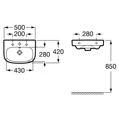 Umywalka 50x42 cm prostokątna ścienna biała A325996000 Roca Debba