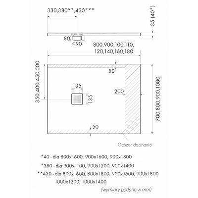 Brodzik prostokątny z maskownicą 90x80 cm cement 33155CTSTM2 Schedpol Kalait Cement Stone