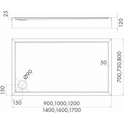 Brodzik prostokątny 120x70 cm biały 34666 Schedpol Competia New