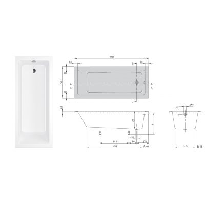 Wanna prostokątna 170x75 cm biała UBA171NES2V01 Villeroy & Boch Targa Plus