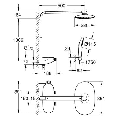 Zestaw prysznicowy ścienny termostatyczny z deszczownicą starlight chrome 26250000 Grohe SmartControl