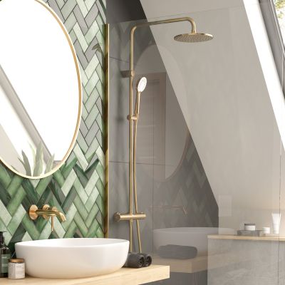 Zestaw prysznicowy ścienny termostatyczny z deszczownicą złoty połysk 36500800 Oltens Atran