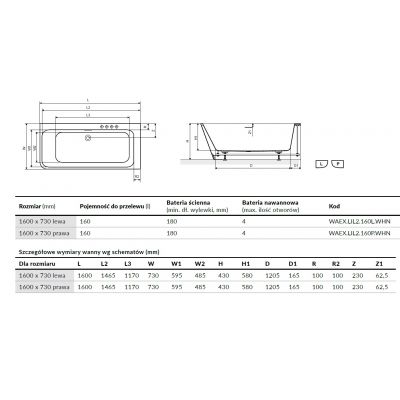 Wanna narożna 160x73 cm WAEXLIL2160PWHN Excellent Lila 2.0